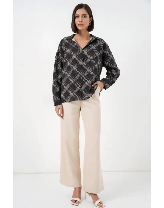 Oversize Desenli Gömlek 20372 - Siyah