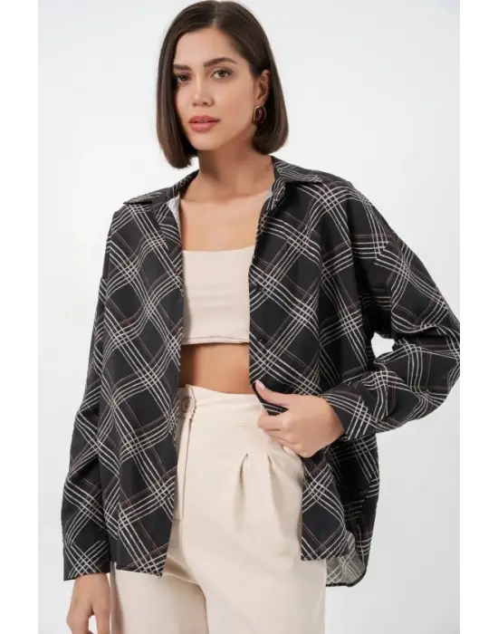 Oversize Desenli Gömlek 20372 - Siyah