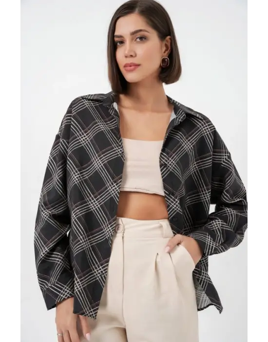 Oversize Desenli Gömlek 20372 - Siyah