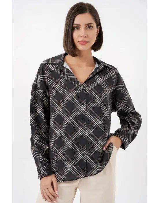 Oversize Desenli Gömlek 20372 - Siyah
