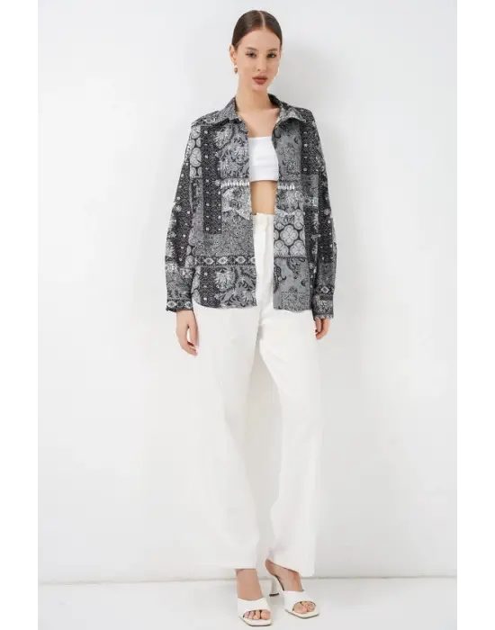 Oversize Desenli Saten Gömlek 20365 - Antrasit