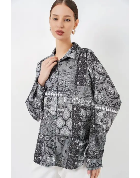 Oversize Desenli Saten Gömlek 20365 - Antrasit