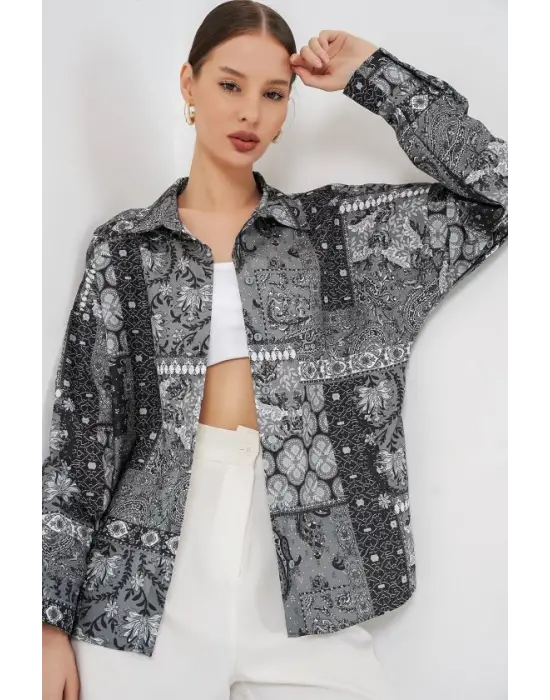 Oversize Desenli Saten Gömlek 20365 - Antrasit