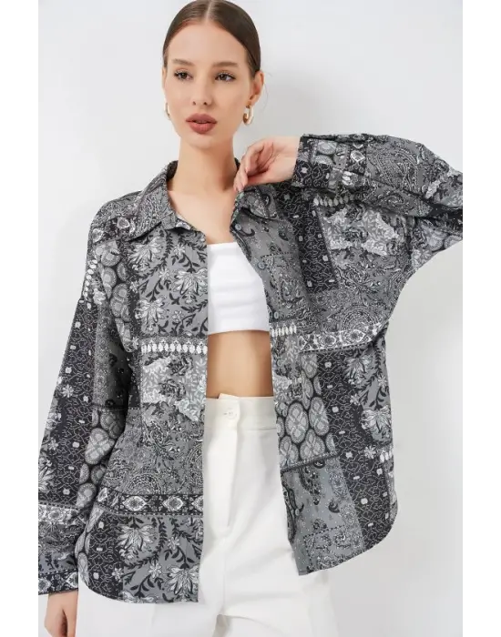 Oversize Desenli Saten Gömlek 20365 - Antrasit