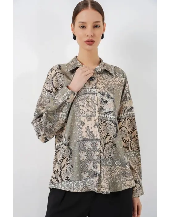Oversize Desenli Saten Gömlek 20365 - Çağla