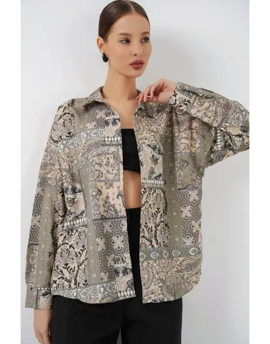Oversize Desenli Saten Gömlek 20365 - Çağla