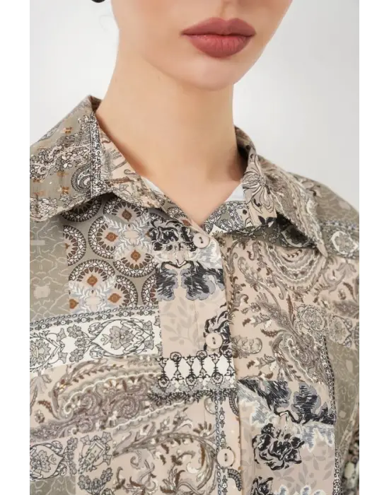 Oversize Desenli Saten Gömlek 20365 - Çağla