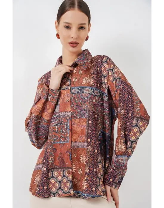 Oversize Desenli Saten Gömlek 20365 - Kiremit
