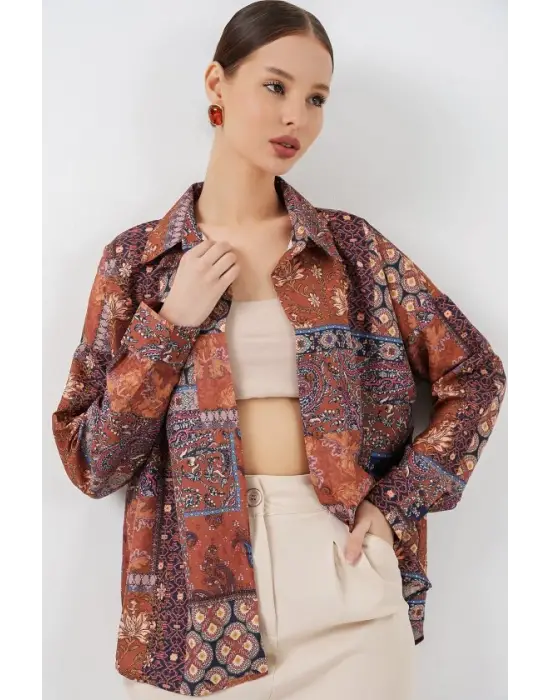 Oversize Desenli Saten Gömlek 20365 - Kiremit