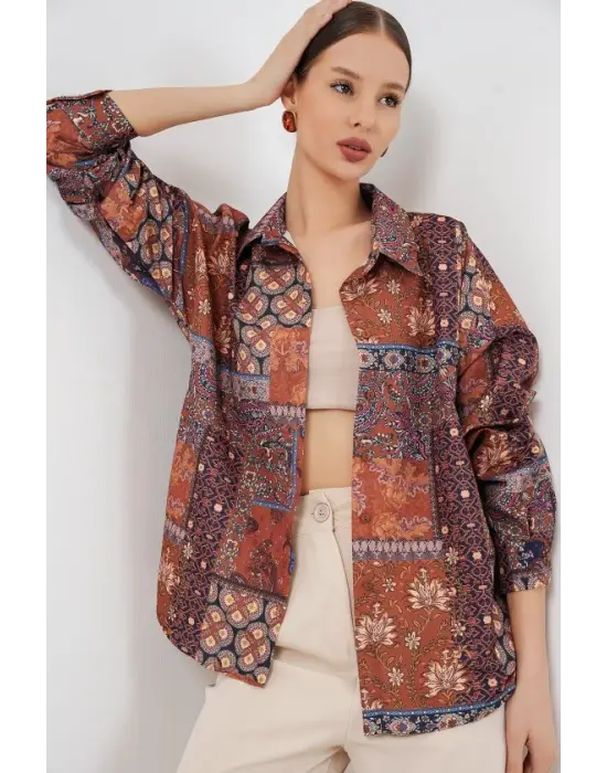 Oversize Desenli Saten Gömlek 20365 - Kiremit