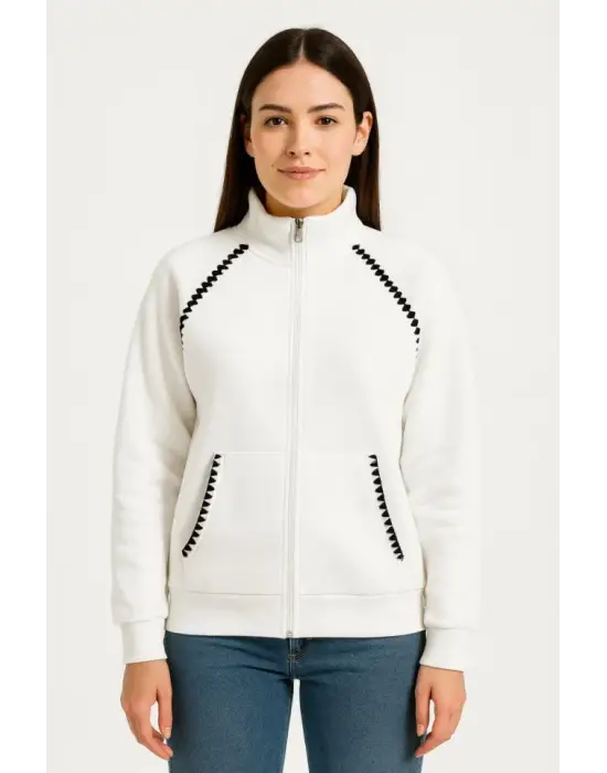 Oversize Dik Yaka Fermuarlı Sweatshirt - Zincir Nakışli Kanguru Cepli, - Beyaz