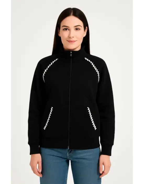 Oversize Dik Yaka Fermuarlı Sweatshirt - Zincir Nakışli Kanguru Cepli, - Siyah