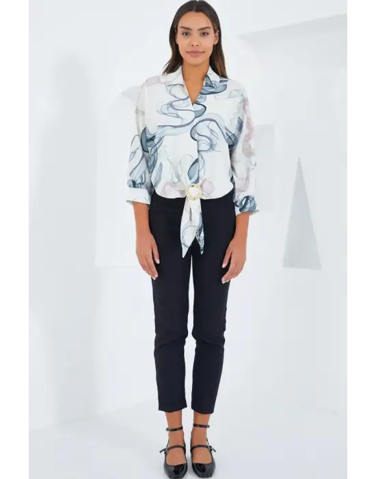 Oversize Dökümlü Crop Saten Gömlek 906 - İndigo