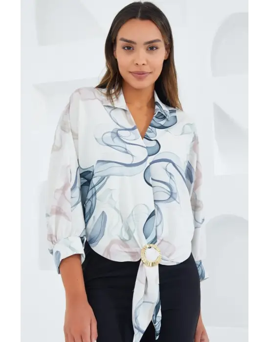 Oversize Dökümlü Crop Saten Gömlek 906 - İndigo