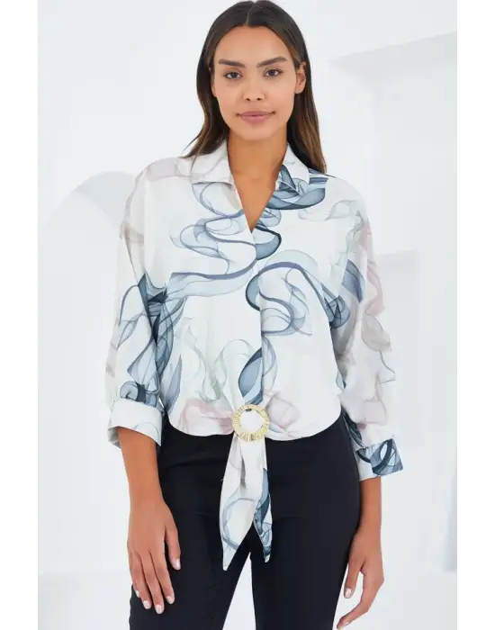 Oversize Dökümlü Crop Saten Gömlek 906 - İndigo