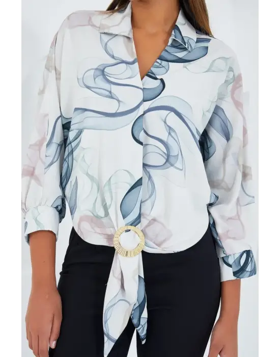 Oversize Dökümlü Crop Saten Gömlek 906 - İndigo