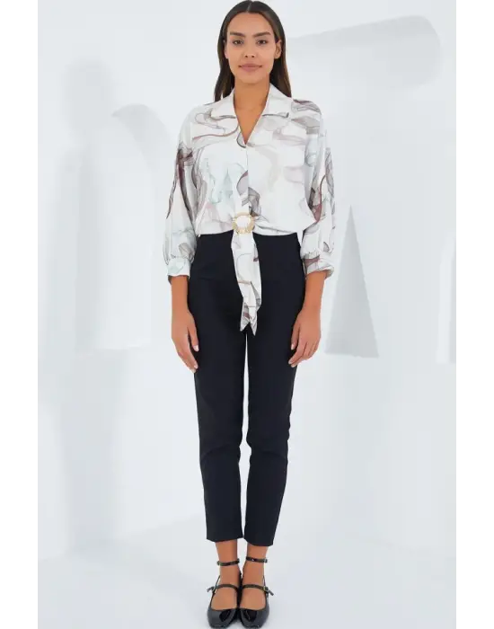 Oversize Dökümlü Crop Saten Gömlek 906 - Kahverengi