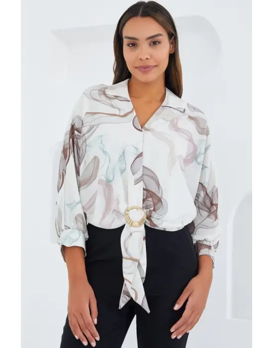 Oversize Dökümlü Crop Saten Gömlek 906 - Kahverengi