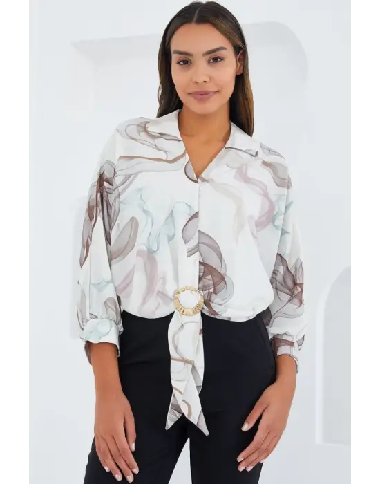 Oversize Dökümlü Crop Saten Gömlek 906 - Kahverengi