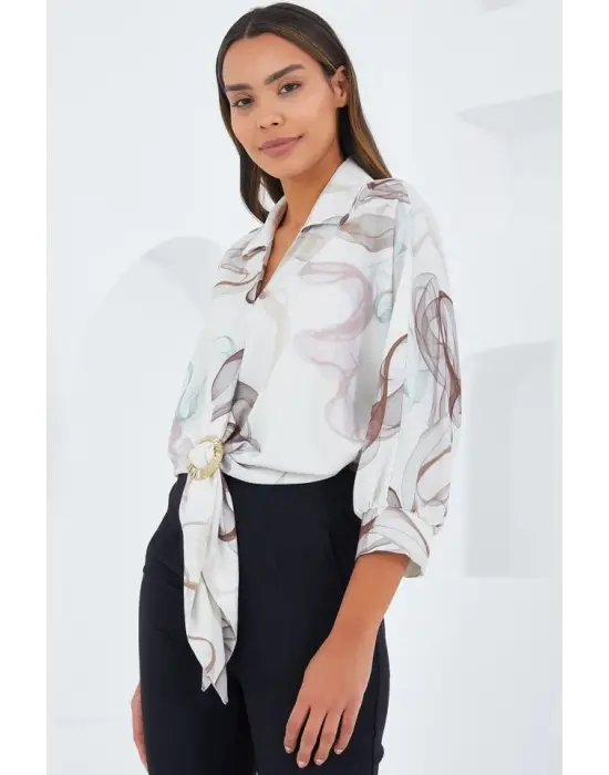 Oversize Dökümlü Crop Saten Gömlek 906 - Kahverengi