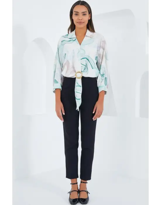 Oversize Dökümlü Crop Saten Gömlek 906 - Mint