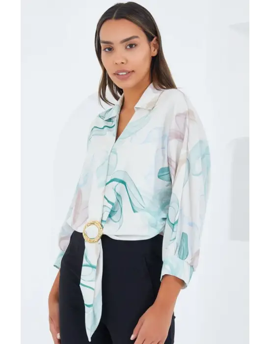 Oversize Dökümlü Crop Saten Gömlek 906 - Mint