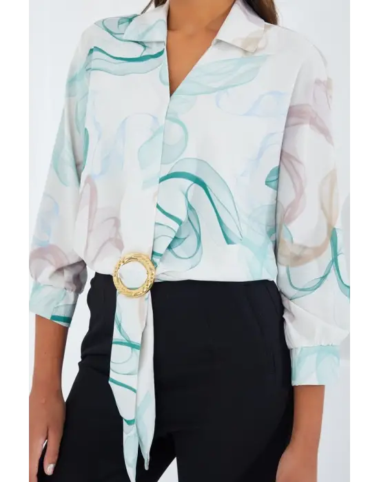 Oversize Dökümlü Crop Saten Gömlek 906 - Mint