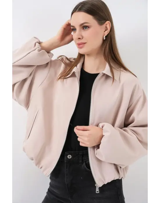 Oversize Fermuarlı Ceket 0735 - Krem