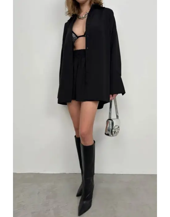 Oversize Gömlek Büzgülü Şort Takım