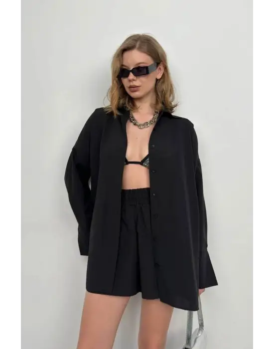 Oversize Gömlek Büzgülü Şort Takım