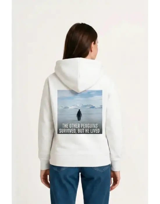 Sofistike Sırt Baskılı Survivor Penguin Kapüşonlu Hoodie