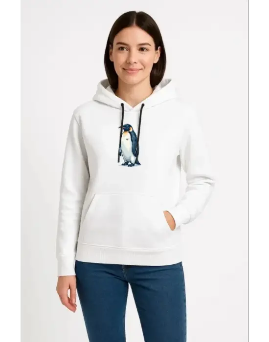 Oversize Hoodie - Sırt Baskılı Survivor Penguin Temalı, Felsefi Yazılı Kapüşonlu Sweatshirt - Beyaz