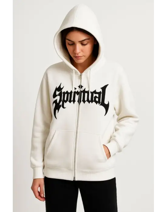 Oversize Kapüşonlu Sweatshirt Hoodie 3 İplik Şardonlu Pamuklu Kumaş, Önü Baskılı, Fermuarlı Rahat Kalıp, Kışlık Ve Sokak Stili Sweat - Beyaz