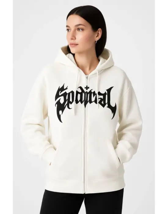 Oversize Kapüşonlu Sweatshirt Hoodie 3 İplik Şardonlu Pamuklu Kumaş, Önü Baskılı, Fermuarlı Rahat Kalıp, Kışlık Ve Sokak Stili Sweat - Beyaz