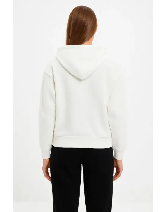 Oversize Kapüşonlu Sweatshirt Hoodie 3 İplik Şardonlu Pamuklu Kumaş, Önü Baskılı, Fermuarlı Rahat Kalıp, Kışlık Ve Sokak Stili Sweat - Beyaz