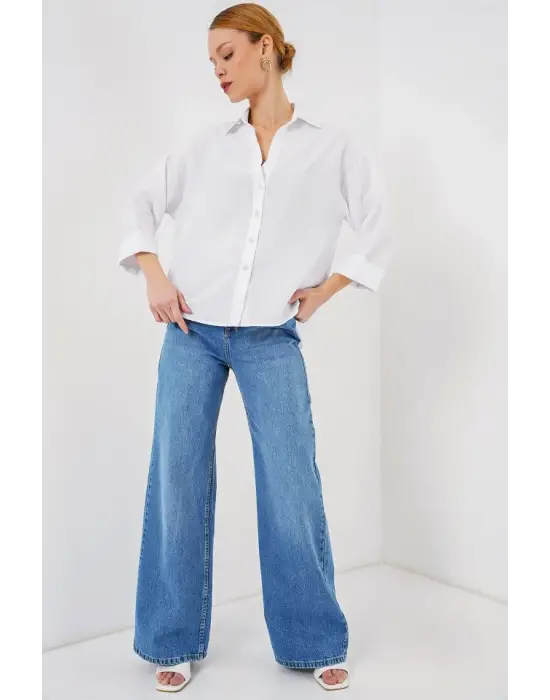 Oversize Kısa Kol Gömlek 20315 - Beyaz
