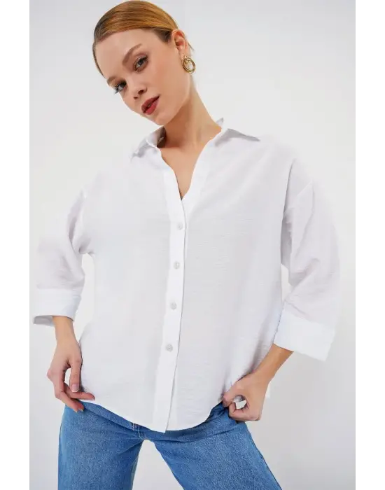 Oversize Kısa Kol Gömlek 20315 - Beyaz
