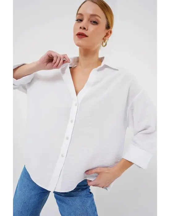 Oversize Kısa Kol Gömlek 20315 - Beyaz