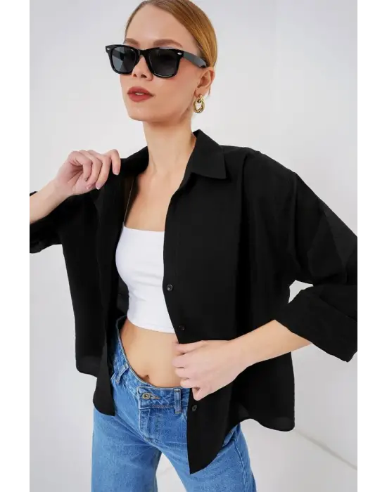 Oversize Kısa Kol Gömlek 20315 - Siyah