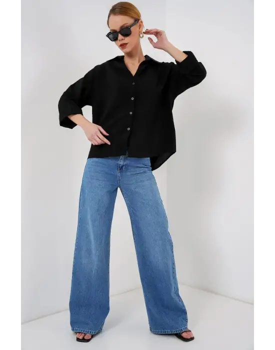 Oversize Kısa Kol Gömlek 20315 - Siyah