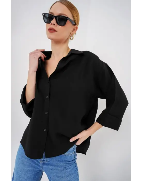 Oversize Kısa Kol Gömlek 20315 - Siyah