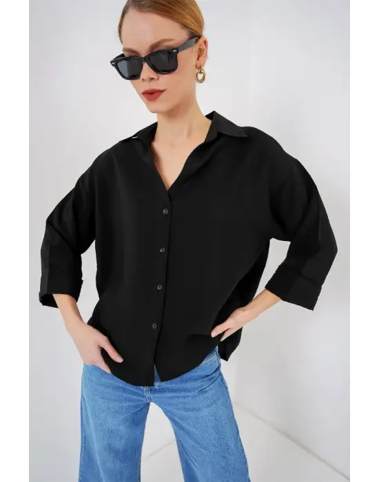 Oversize Kısa Kol Gömlek 20315 - Siyah
