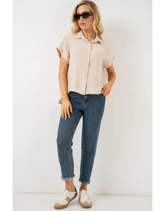 Oversize Kısa Kol Gömlek 20322 - Krem