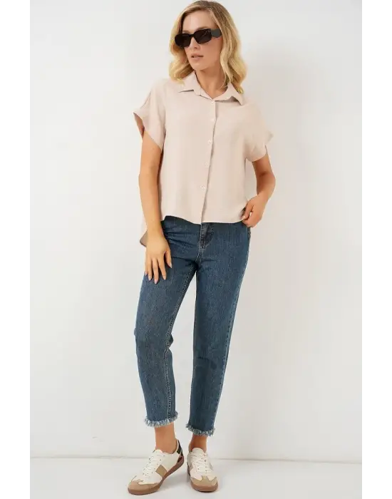 Oversize Kısa Kol Gömlek 20322 - Krem