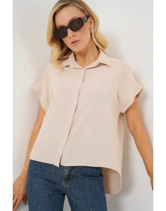 Oversize Kısa Kol Gömlek 20322 - Krem