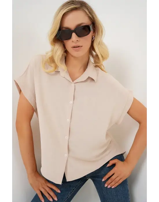 Oversize Kısa Kol Gömlek 20322 - Krem