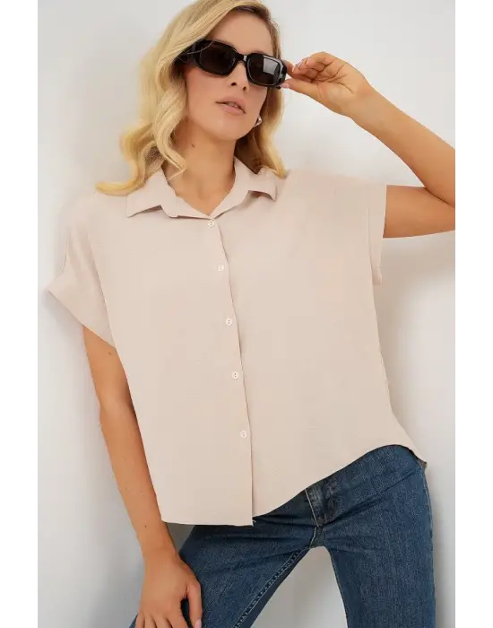 Oversize Kısa Kol Gömlek 20322 - Krem