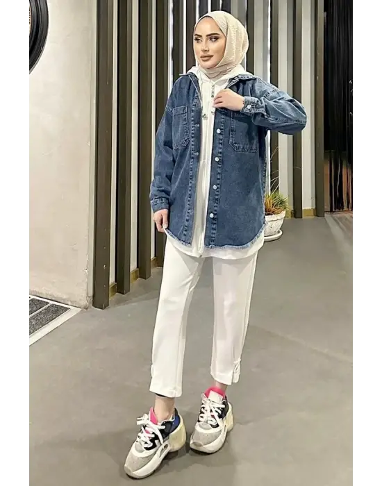 Omarı Kar Yıkama Detaylı Oversize Kot Ceket