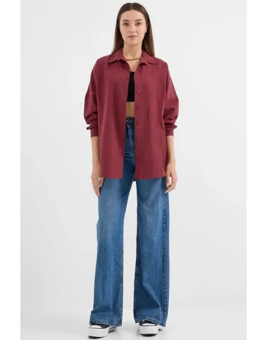 Oversize Mürdüm Uzun Basic Gömlek 3900