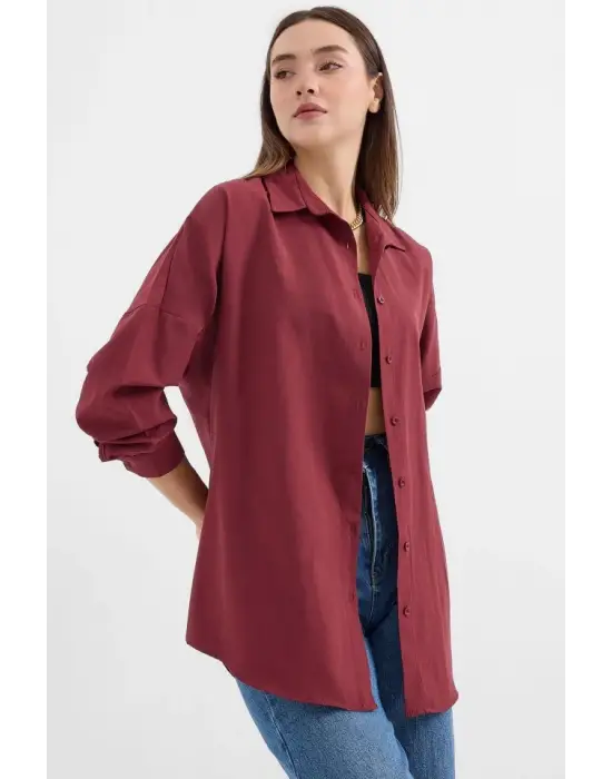 Oversize Mürdüm Uzun Basic Gömlek 3900